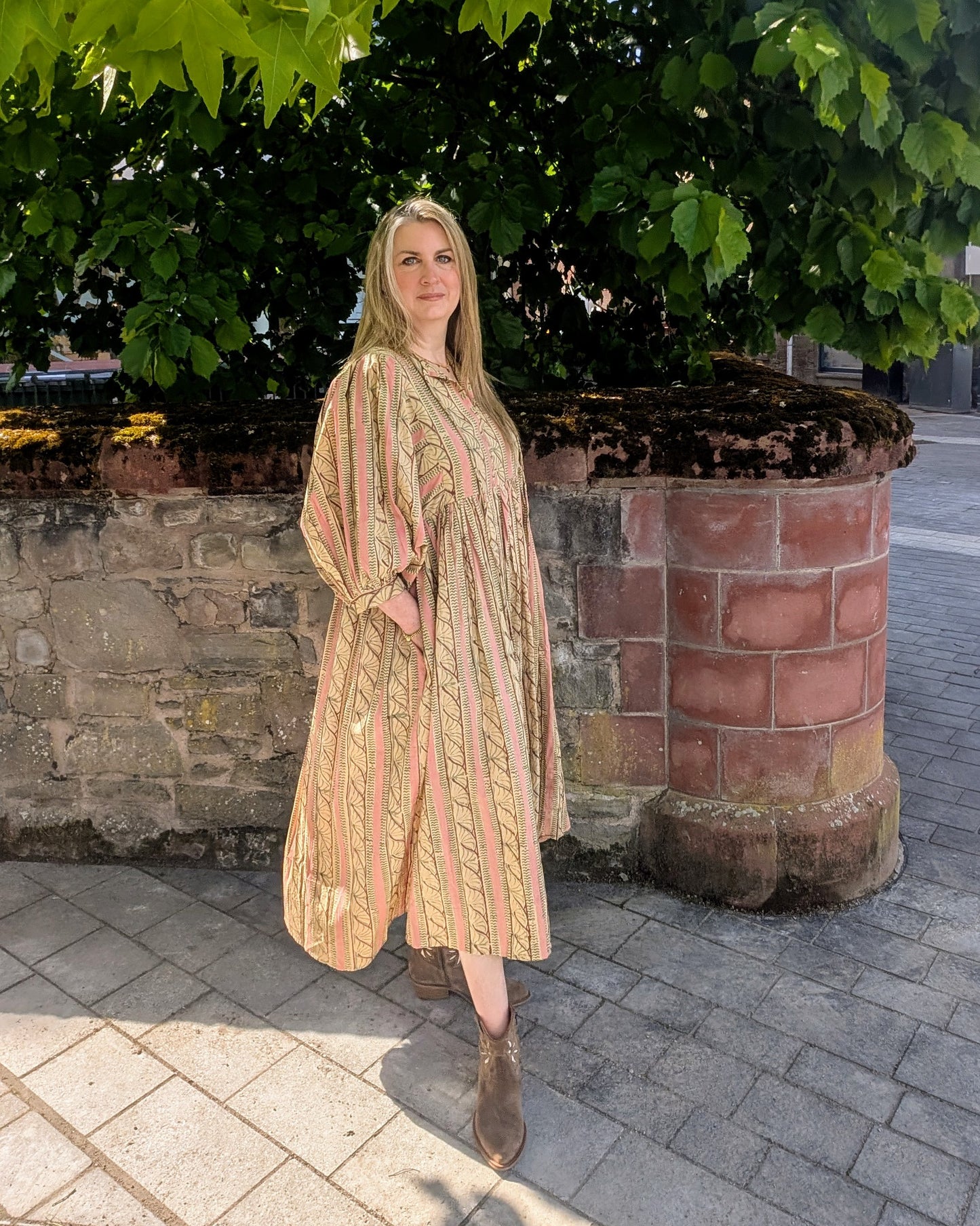 Roberta Pink Beige Block Printed Cotton Boho Dress - Precious Sparkle