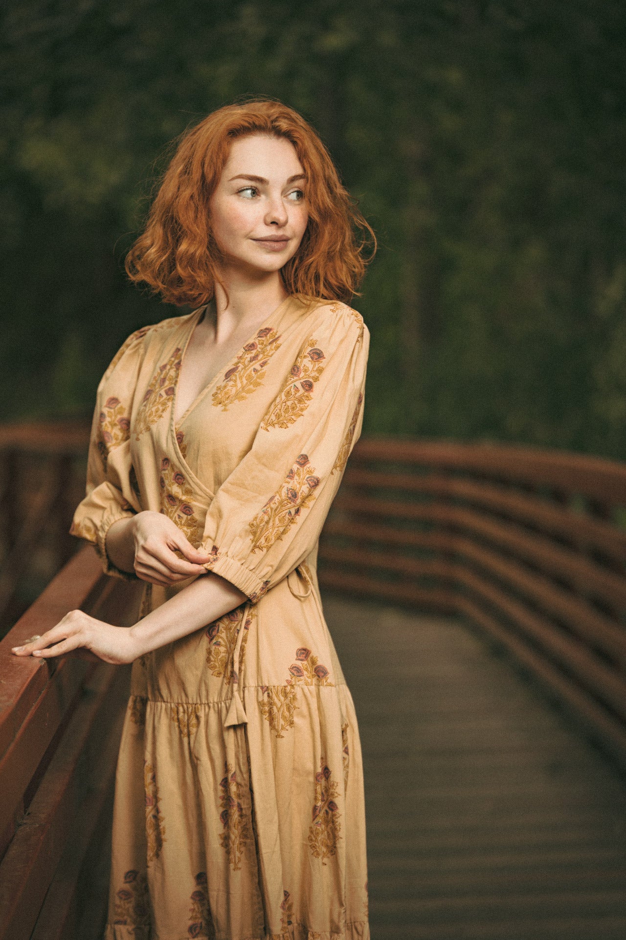 Vashti Yellow Beige Floral Block Printed Wrap Dress - Precious Sparkle