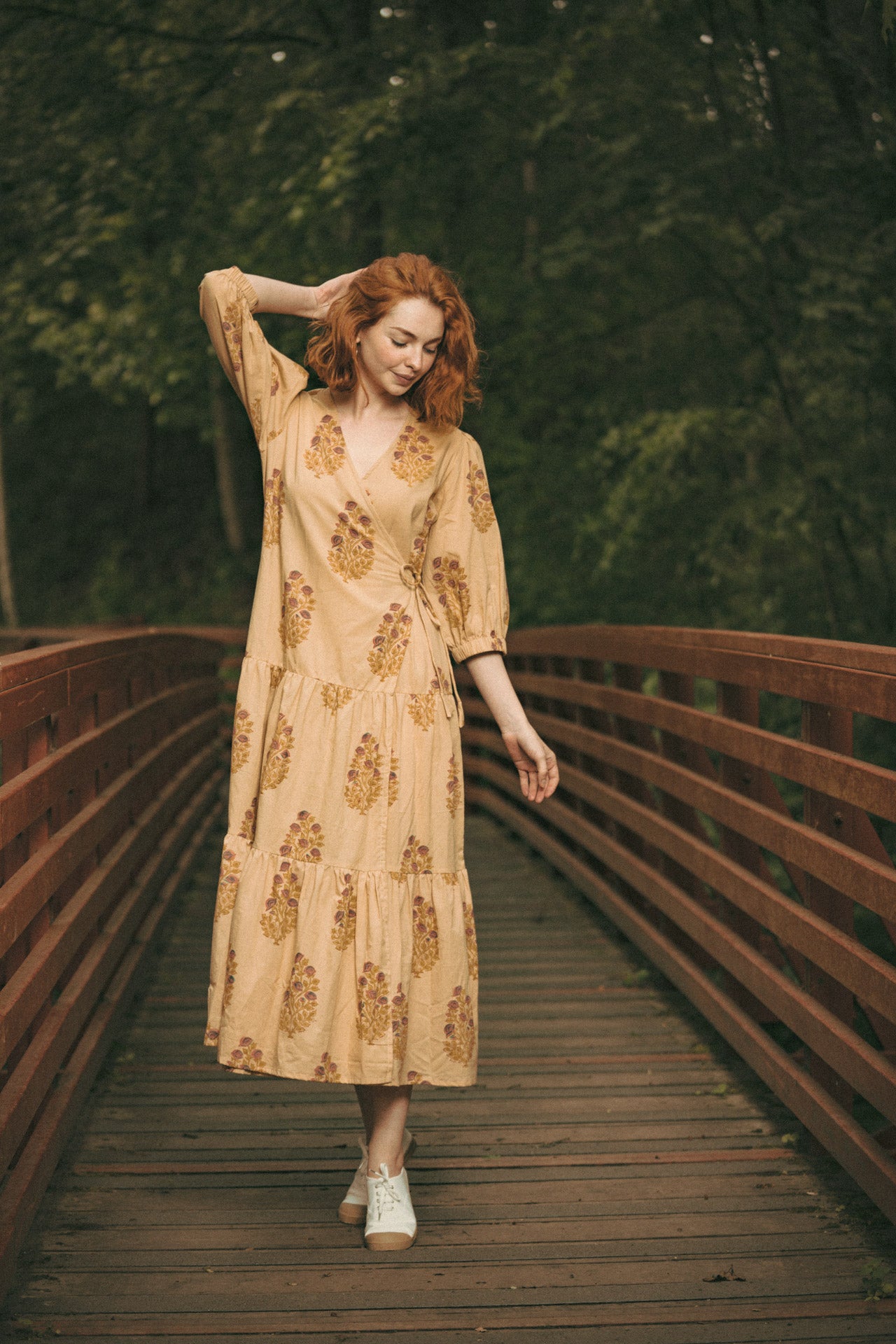 Vashti Yellow Beige Floral Block Printed Wrap Dress - Precious Sparkle