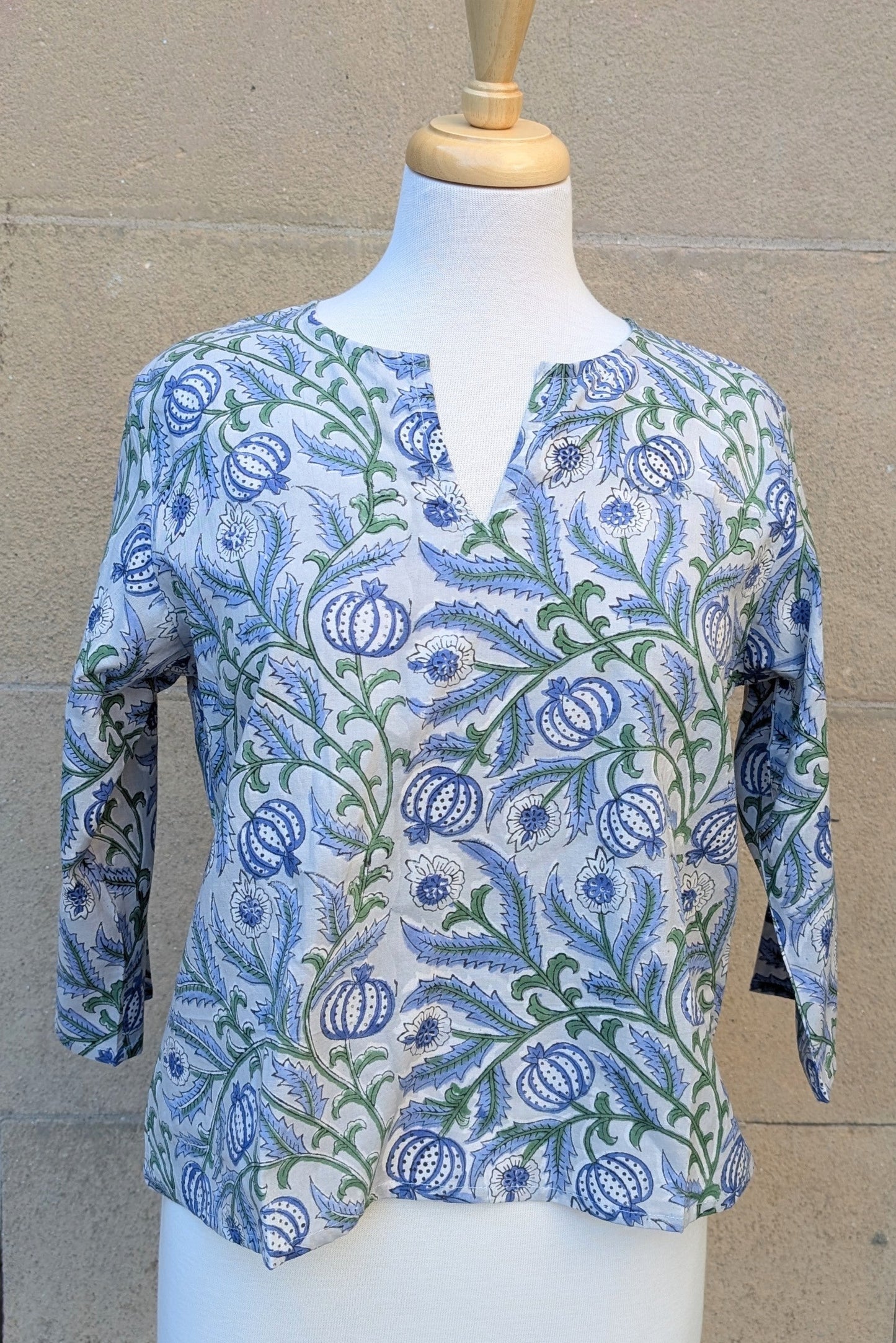 Janis Grey & Blue Floral Block Print Cotton Blouse - Precious Sparkle