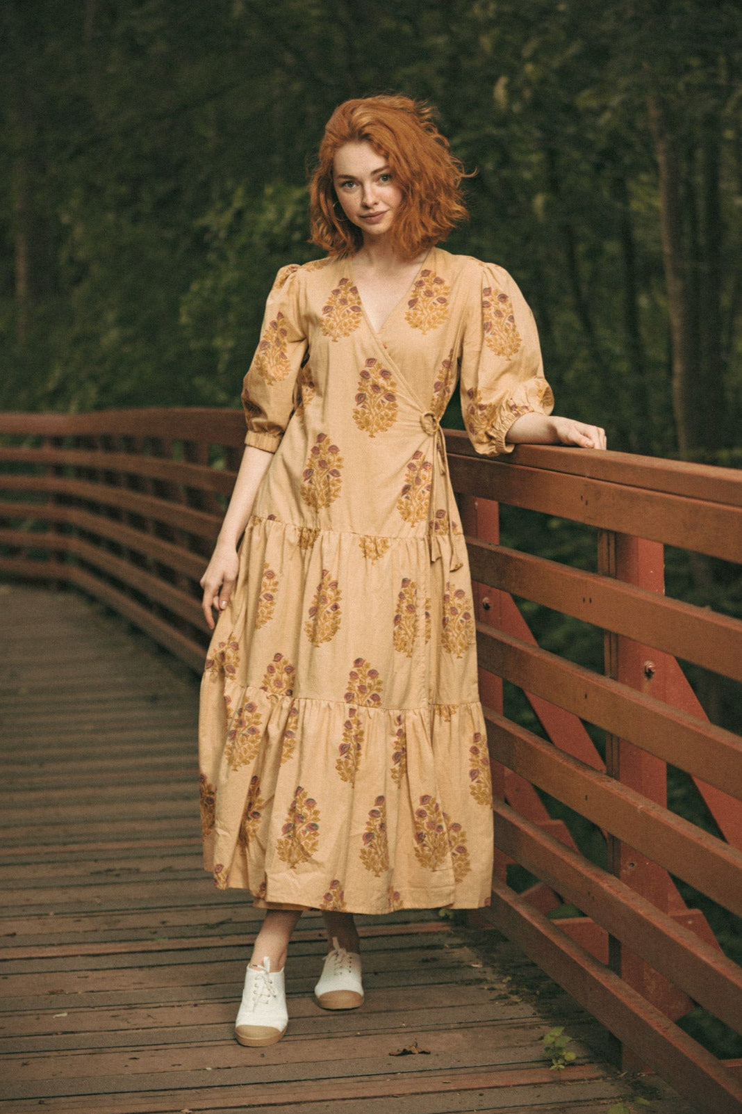 Vashti Yellow Beige Floral Block Printed Wrap Dress - Precious Sparkle