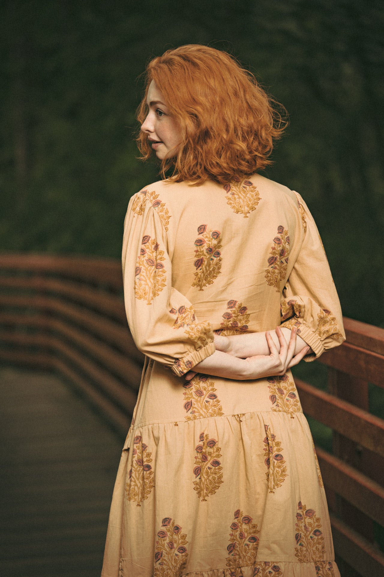 Vashti Yellow Beige Floral Block Printed Wrap Dress - Precious Sparkle