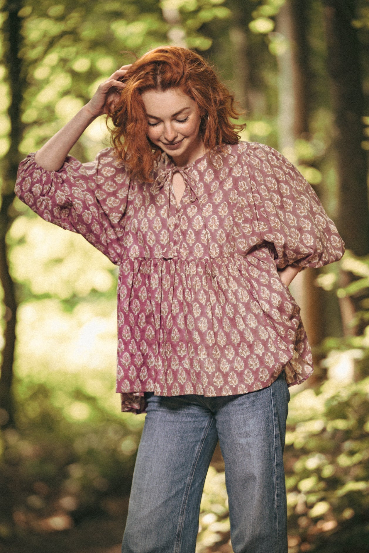 Joni Mauve Floral Block Print Peasant Cotton Blouse - Precious Sparkle