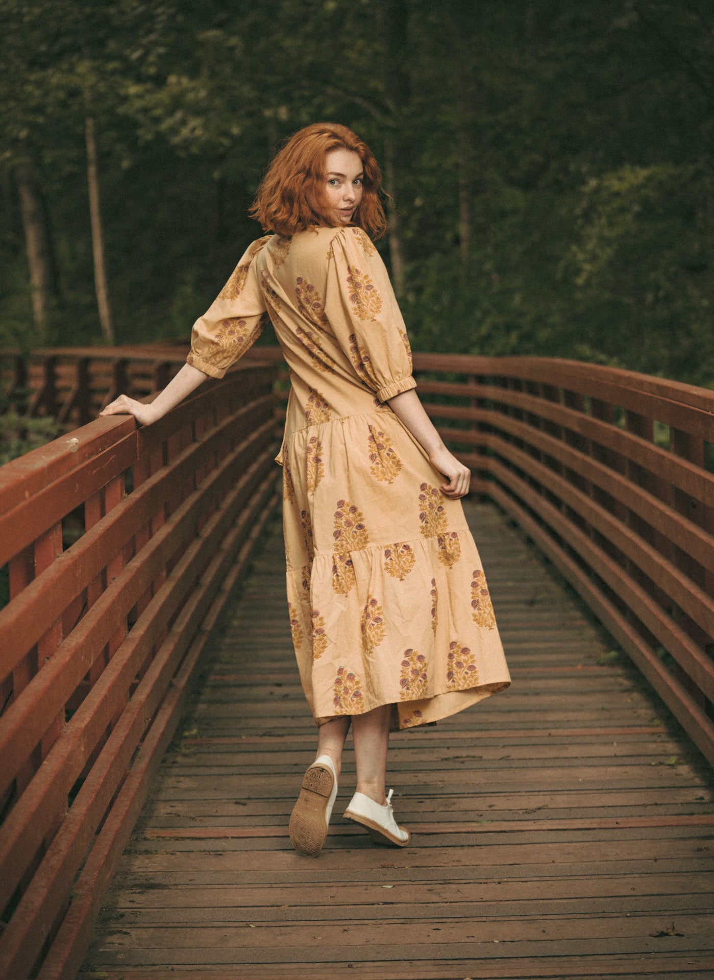 Vashti Yellow Beige Floral Block Printed Wrap Dress - Precious Sparkle