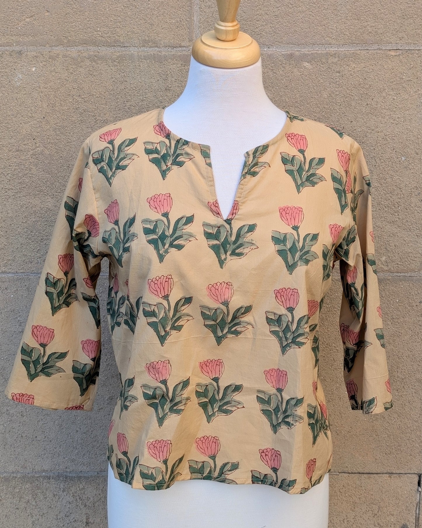 Janis Yellow & Pink Flower Block Print Cotton Blouse Short Length - Precious Sparkle