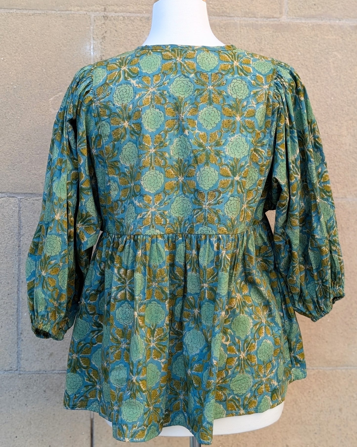 Joni Teal Green Floral Block Print Peasant Cotton Blouse - Precious Sparkle