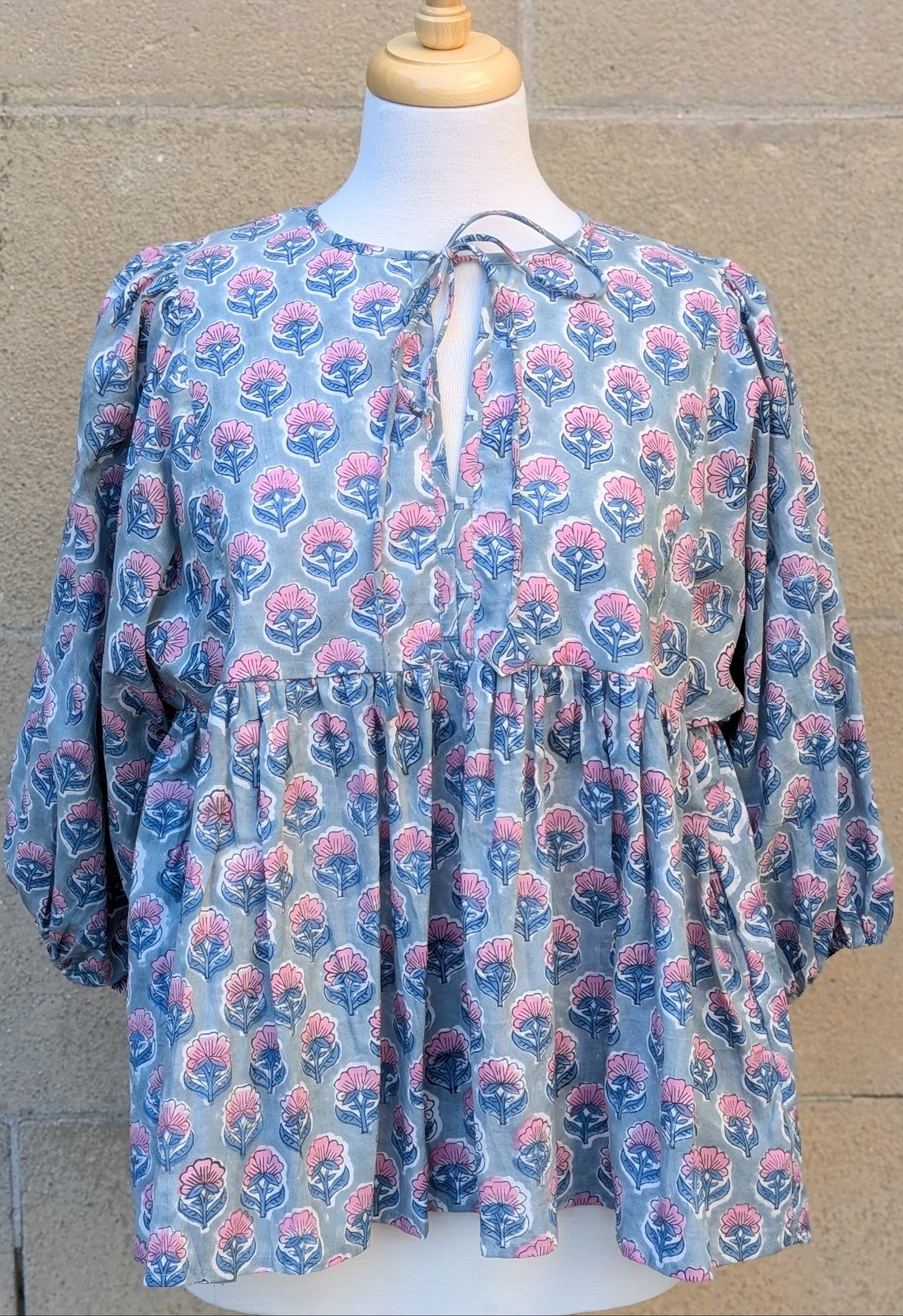 Joni Blue Pink Floral Block Print Peasant Cotton Blouse - Precious Sparkle