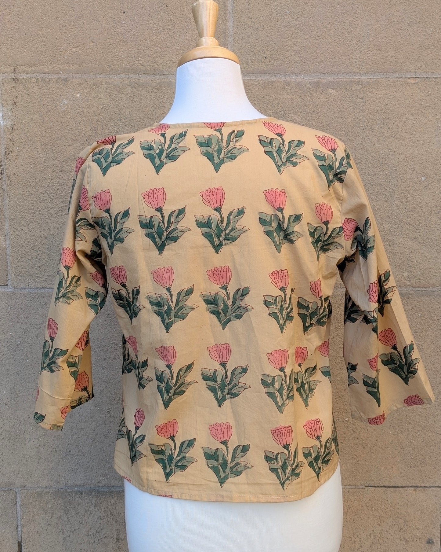 Janis Yellow & Pink Flower Block Print Cotton Blouse Short Length - Precious Sparkle
