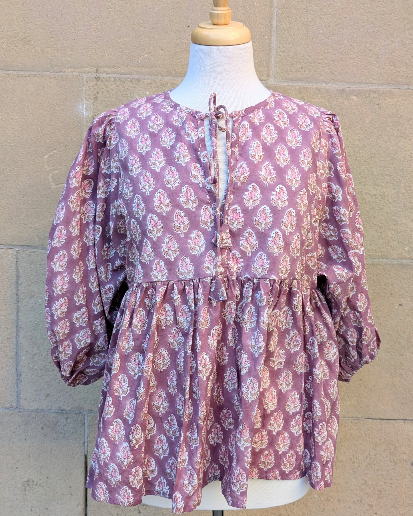 Joni Mauve Floral Block Print Peasant Cotton Blouse - Precious Sparkle