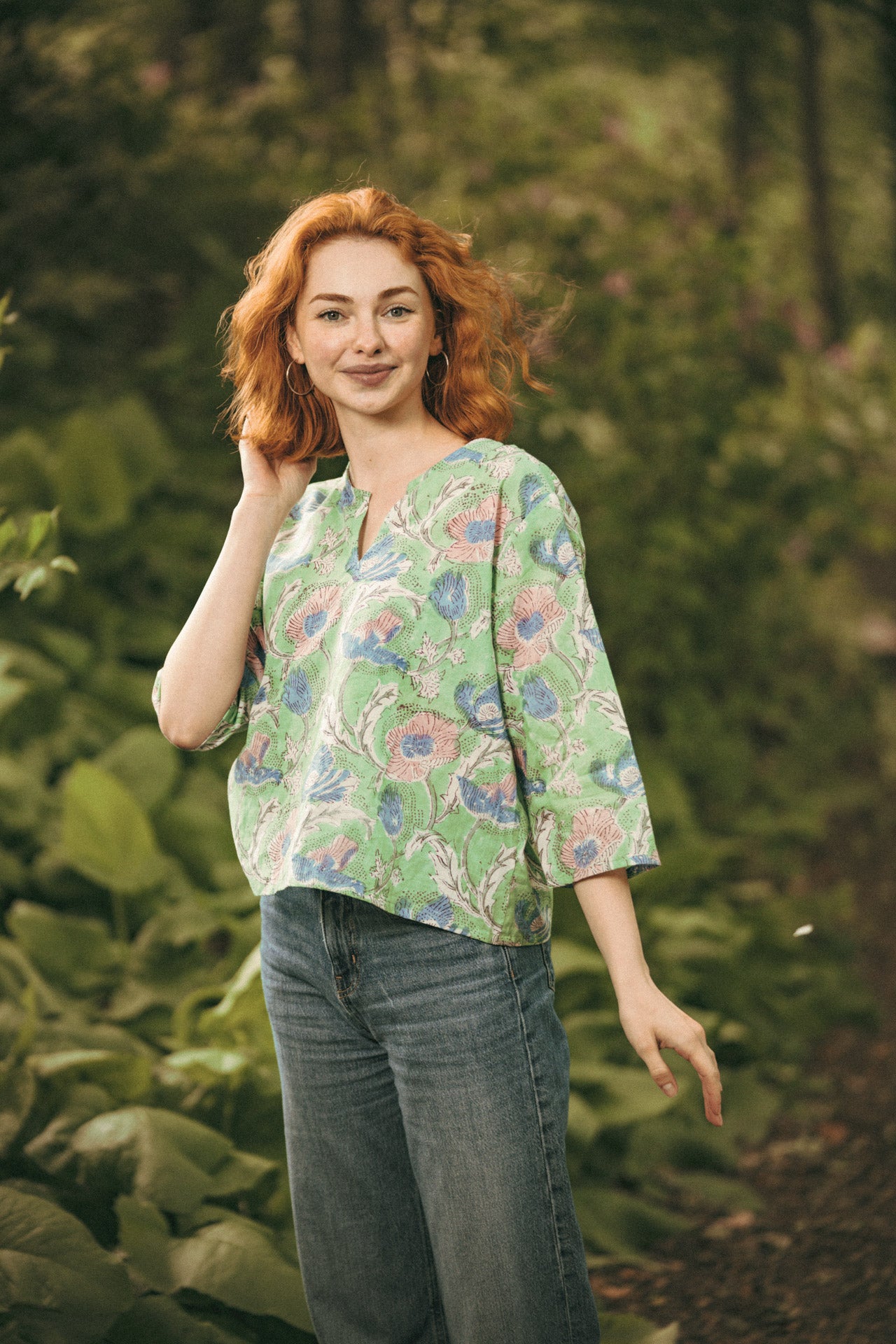 Janis Green & Blue Floral Block Print Cotton Blouse Short Length - Precious Sparkle