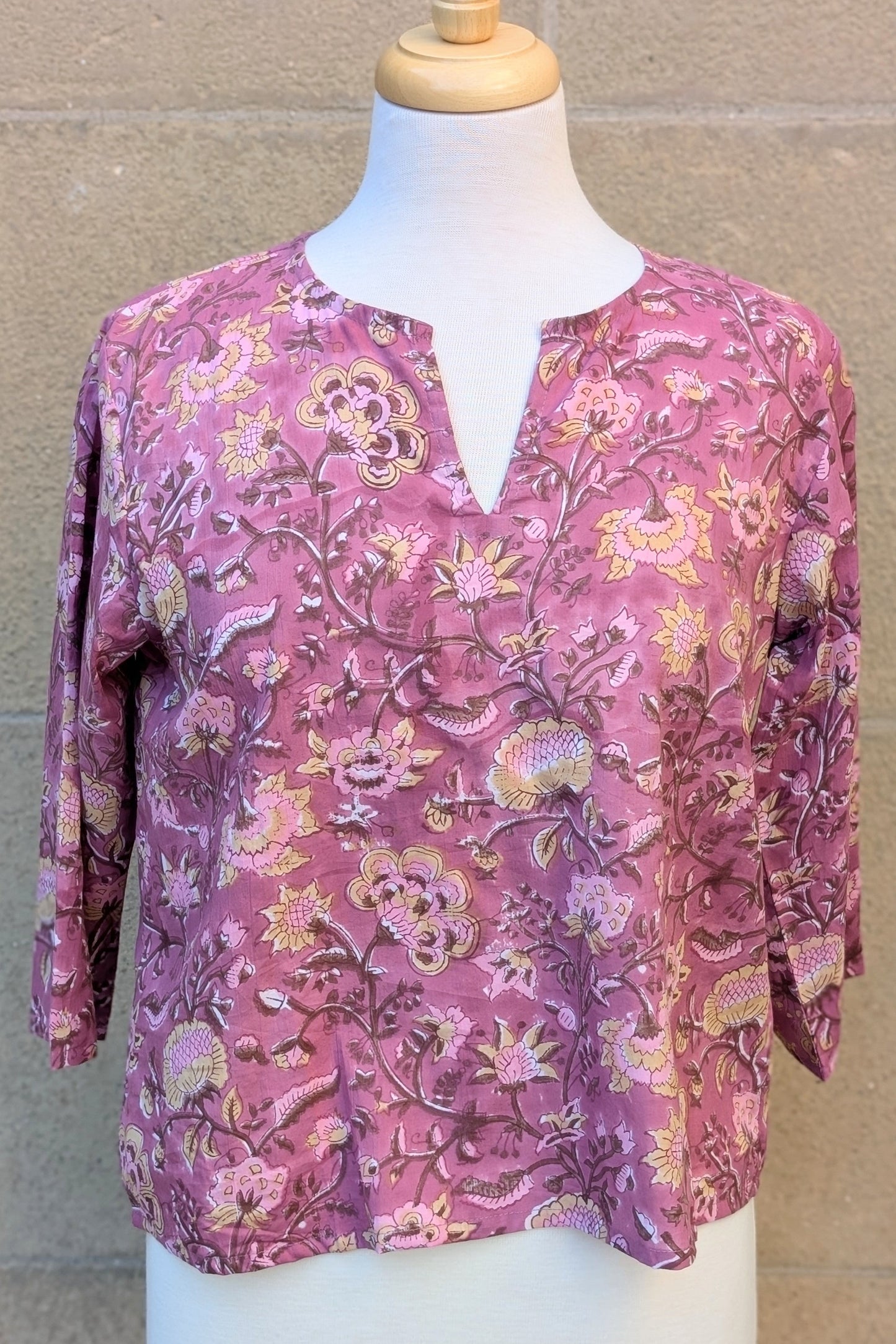 Janis Pink & Yellow Floral Block Print Cotton Blouse Short Length - Precious Sparkle