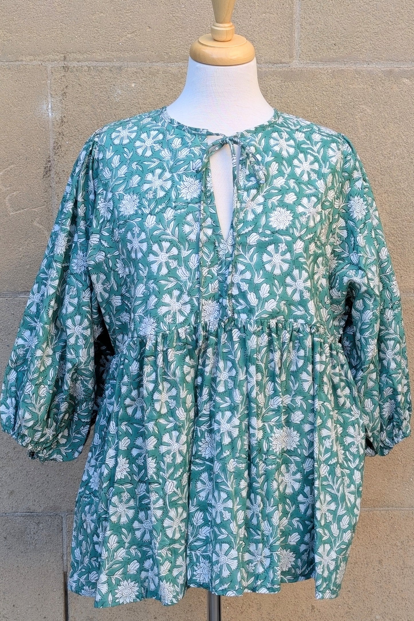 Joni Green & White Floral Block Print Peasant Cotton Blouse - Precious Sparkle