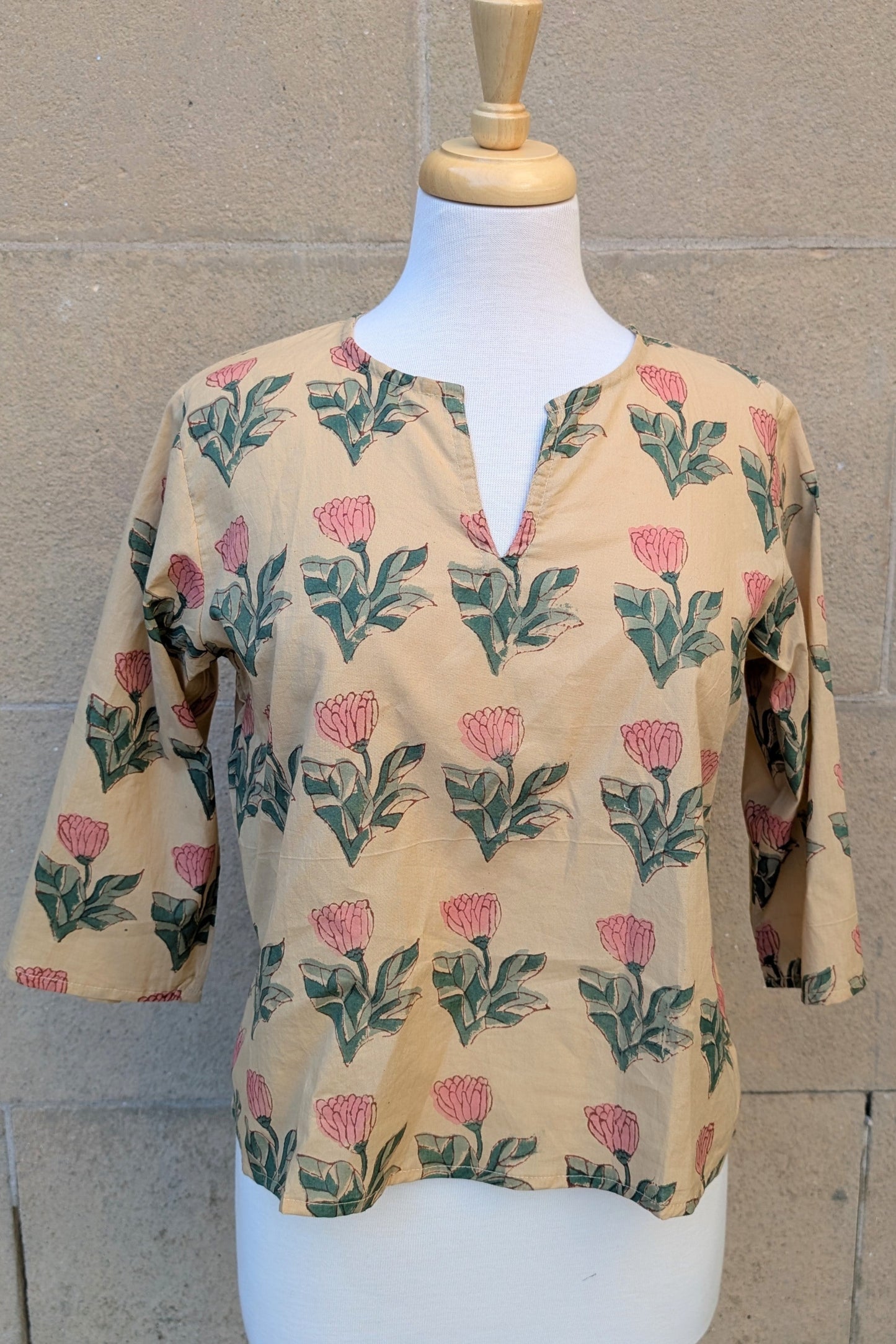 Janis Yellow & Pink Flower Block Print Cotton Blouse Short Length - Precious Sparkle