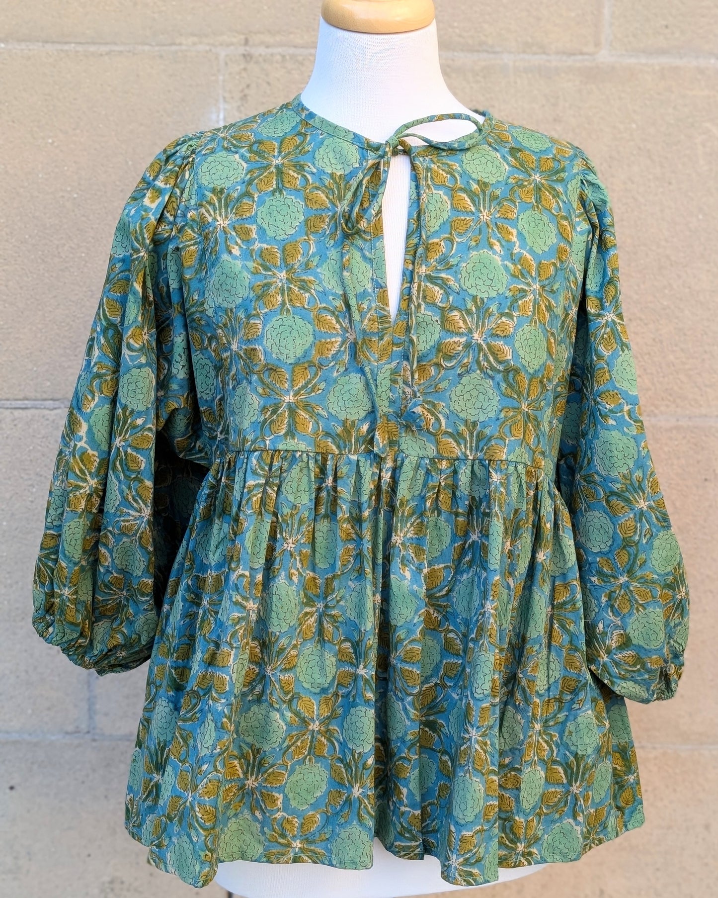 Joni Teal Green Floral Block Print Peasant Cotton Blouse - Precious Sparkle