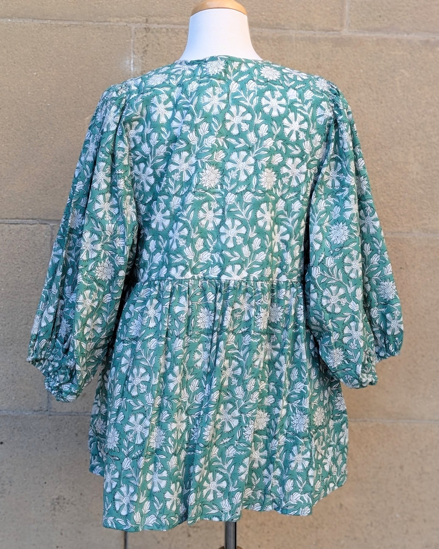 Joni Green & White Floral Block Print Peasant Cotton Blouse - Precious Sparkle