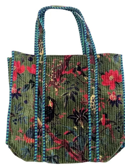 Velvet Quilted Indian Tote Bag -Paradise Green - Precious Sparkle