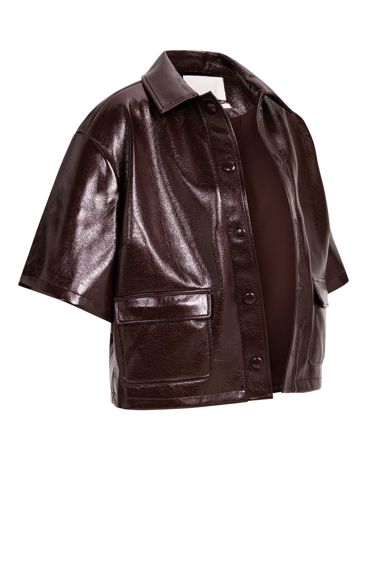 Yaya Cropped Glossy Faux Leather Jacket Bitter Chocolate Red