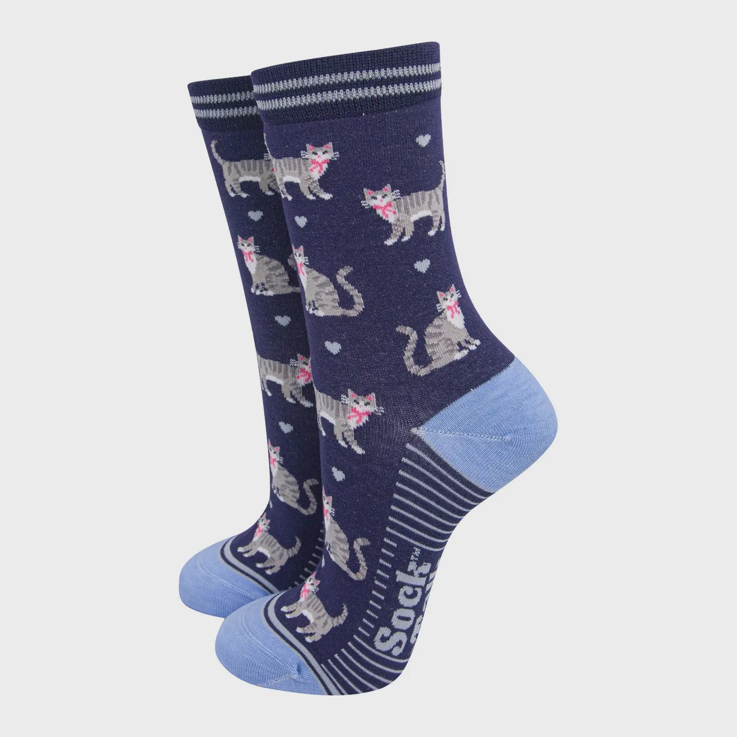 Sock Talk Women's Bamboo Socks Navy Blue/Light Blue, Grey Tabby Cats
