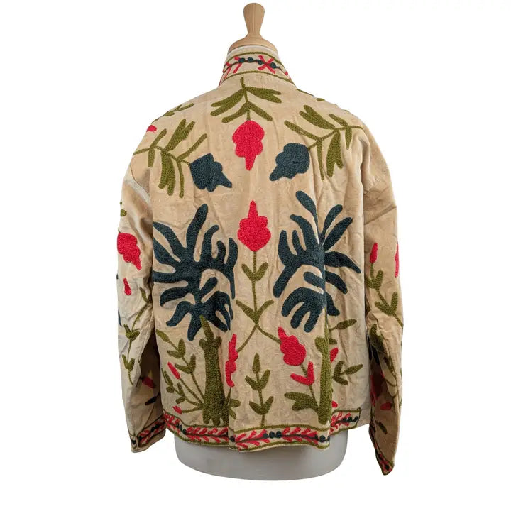 Cream & Blue Velvet Suzani Kimono Embroidered Boho Jacket