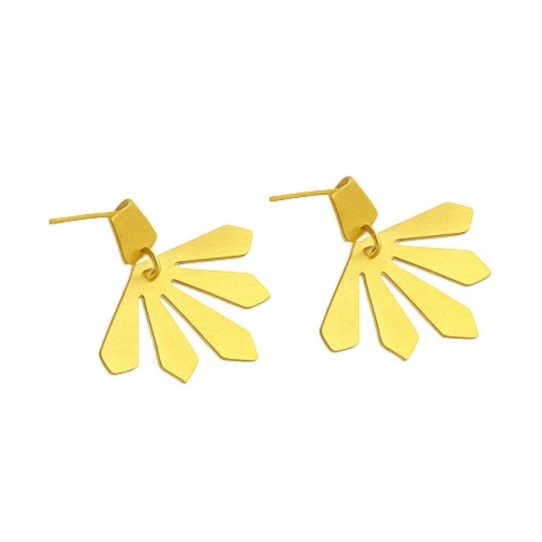 Pair of yellow feather-shaped earrings on a white background