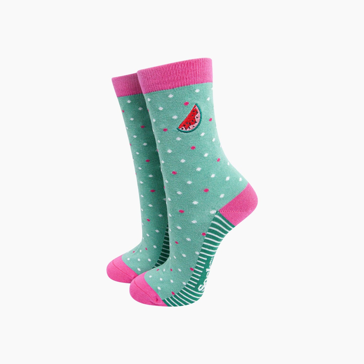 Sock Talk Embroidered Watermelon Combed Cotton Socks in Mint/Pink - Precious Sparkle