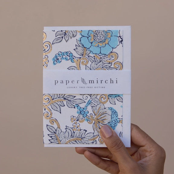 Paper Mirchi Block Printed Card Wild Rose Blue Opal - Precious Sparkle