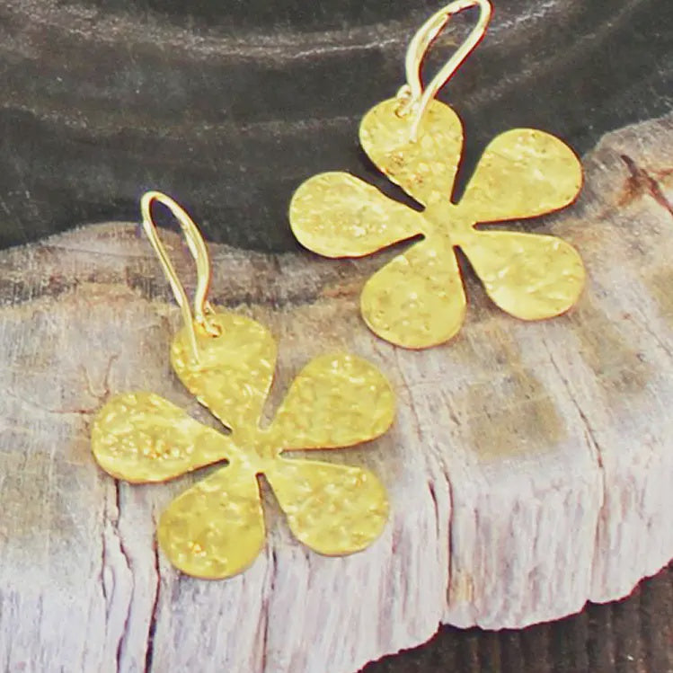 Suzie Blue Textured Flower Earrings Gold Plate