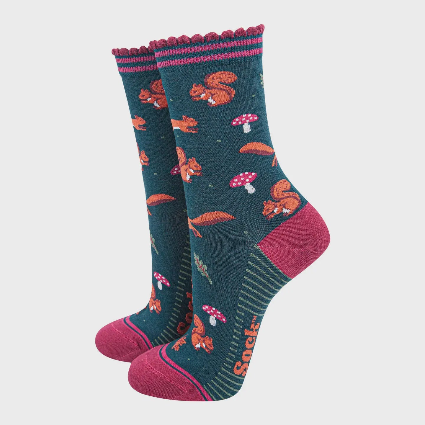 Sock Talk Women's Bamboo Socks Green/Berry, Squirrel and Toadstool