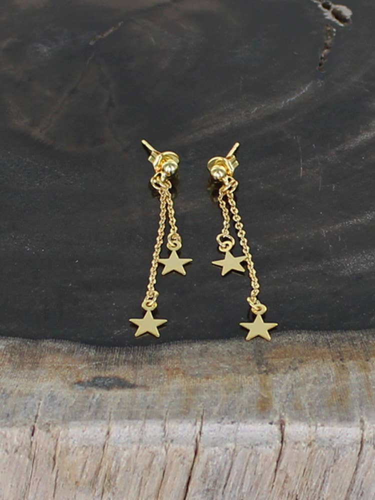 Suzie Blue Double Drop Star Charm Stud Earrings Gold Plated