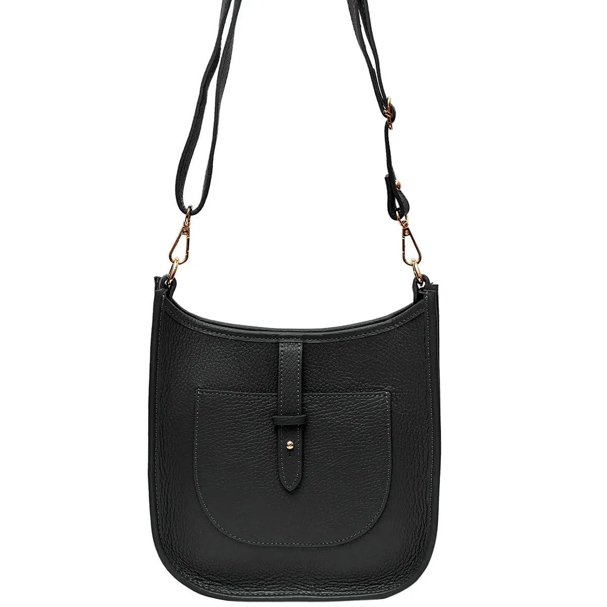 Black leather crossbody bag on a white background