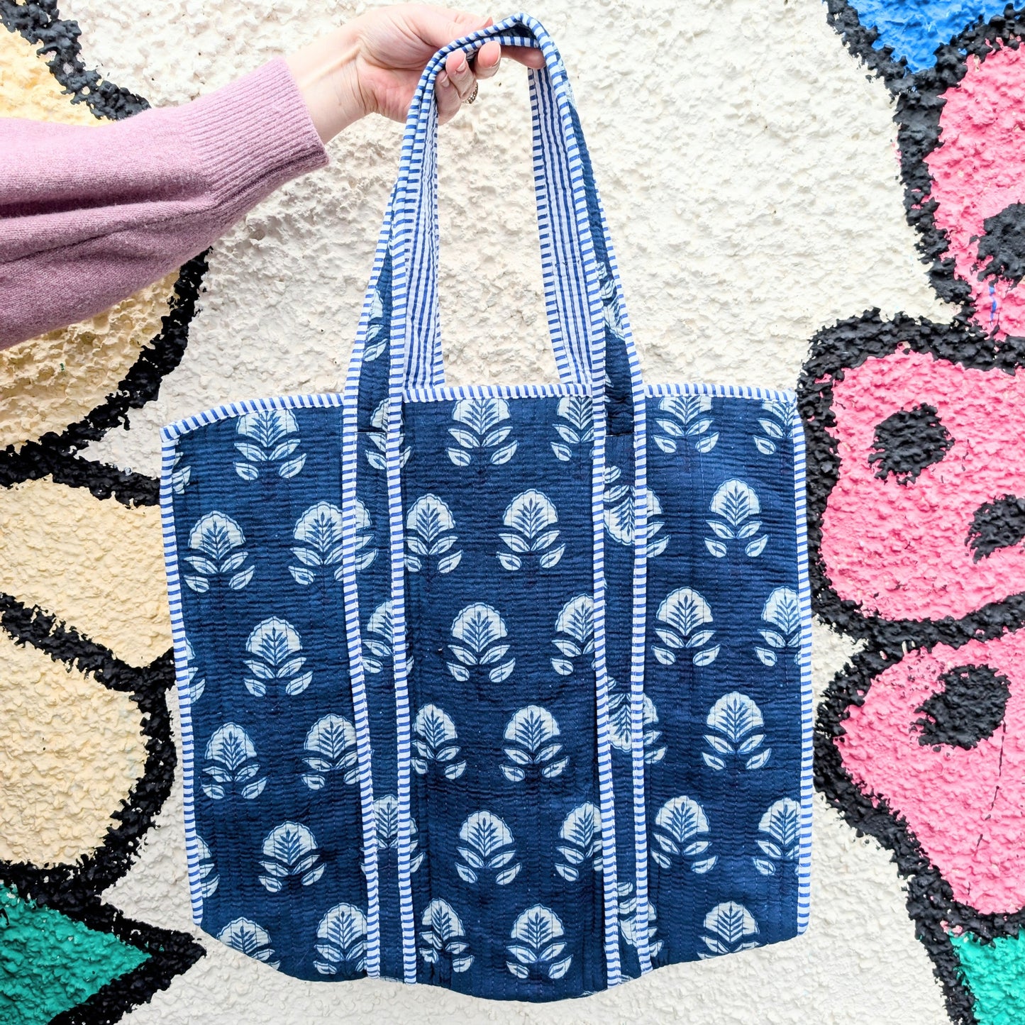 Cotton Quilted Indian Tote Bag Indigo Flowers - Precious Sparkle