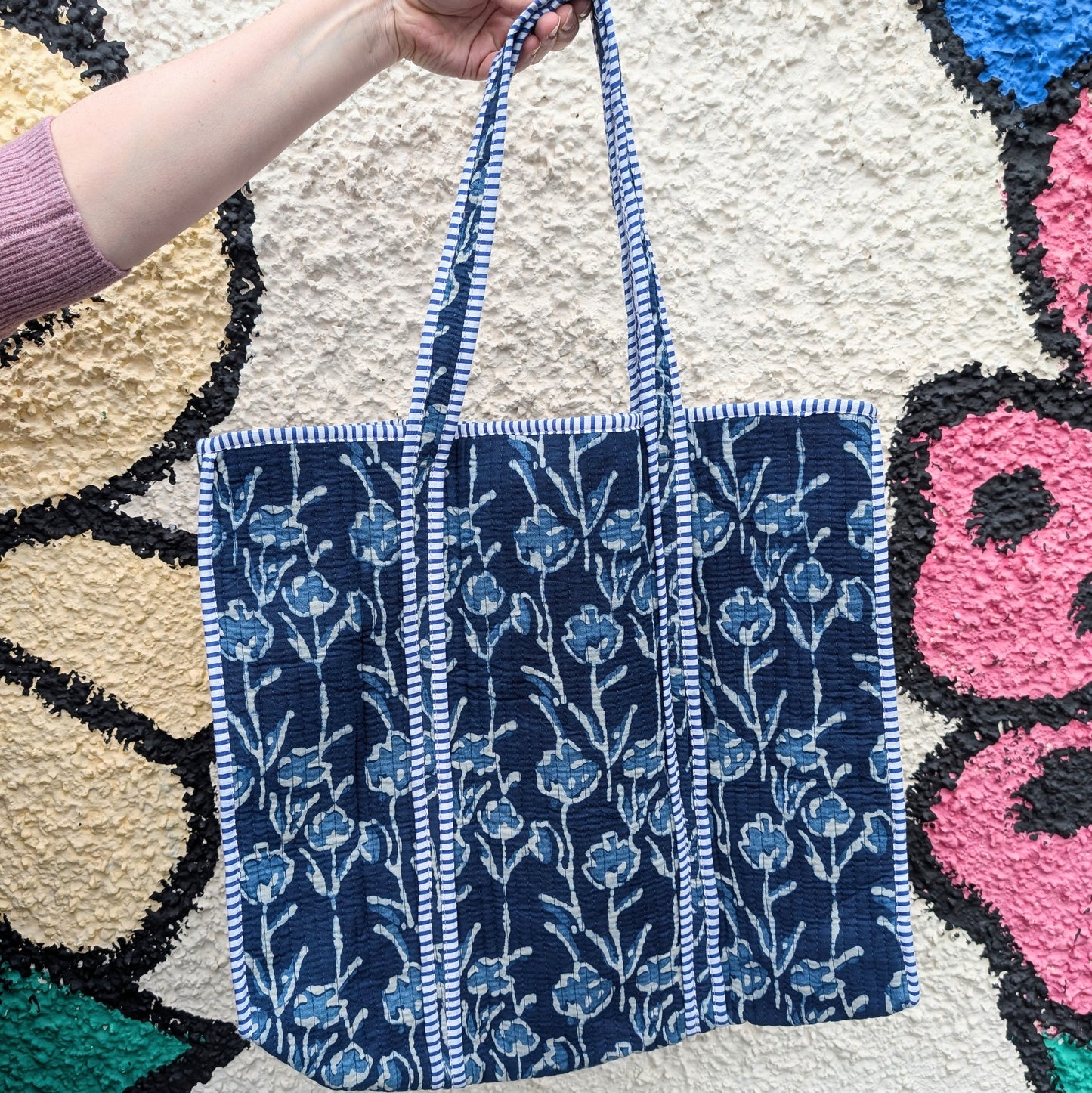 Cotton Quilted Indian Tote Bag Blue Trailing Flowers - Precious Sparkle