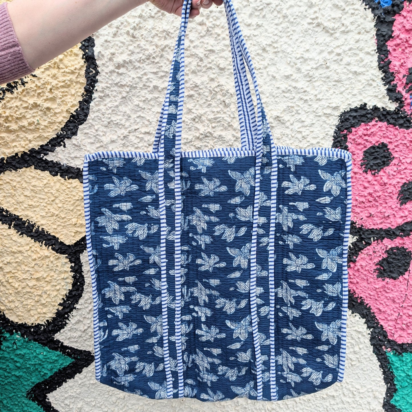 Cotton Quilted Indian Tote Bag Indigo Blue Scattered Flowers - Precious Sparkle