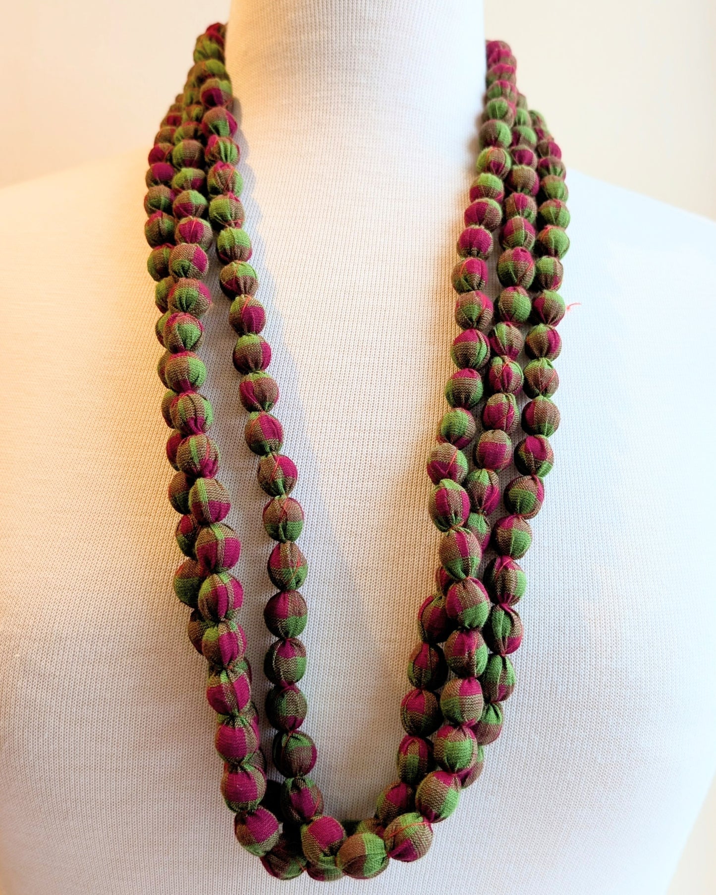 Indian Fabric Handmade Beaded Necklace Green & Red - Precious Sparkle