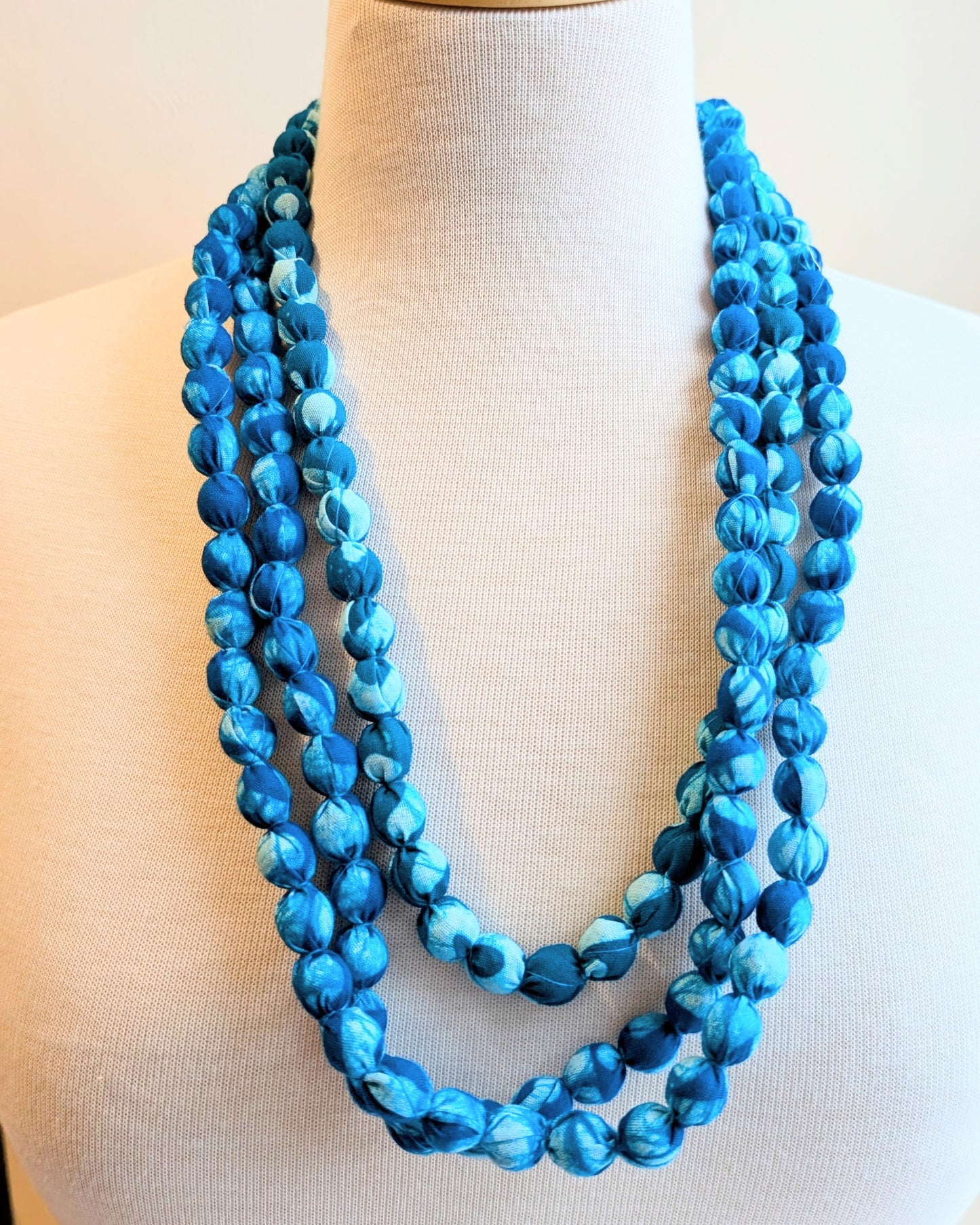 Indian Fabric Handmade Beaded Necklace Aqua Blue - Precious Sparkle
