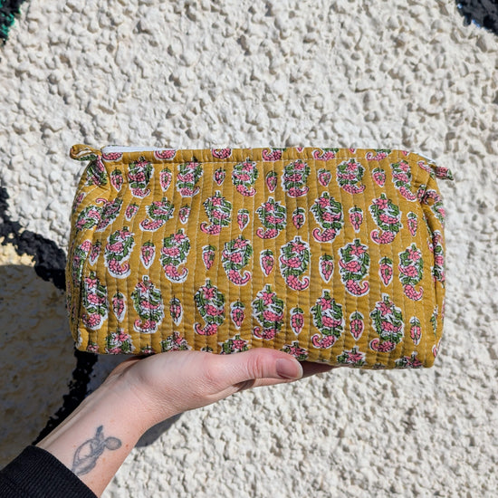 Yellow & Pink Flower Block Print Quilted Large Washbag