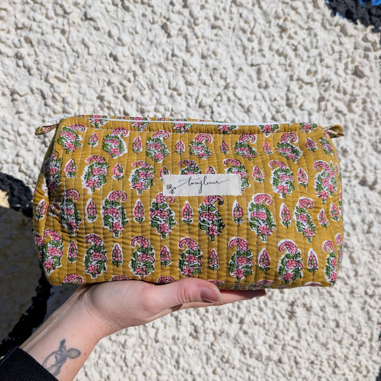Yellow & Pink Flower Block Print Quilted Large Washbag