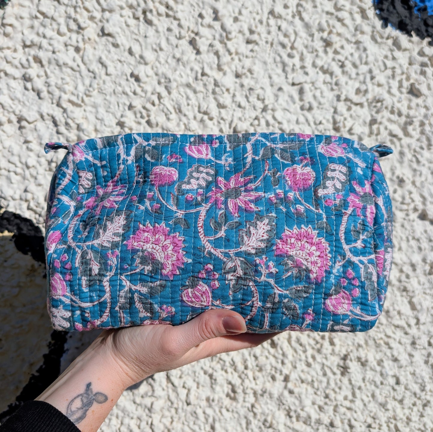 Teal & Pink Flower Block Print Quilted Large Washbag