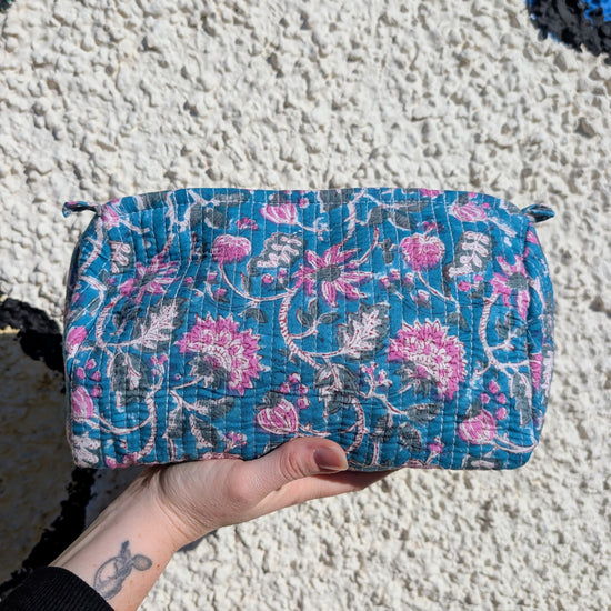 Teal & Pink Flower Block Print Quilted Large Washbag