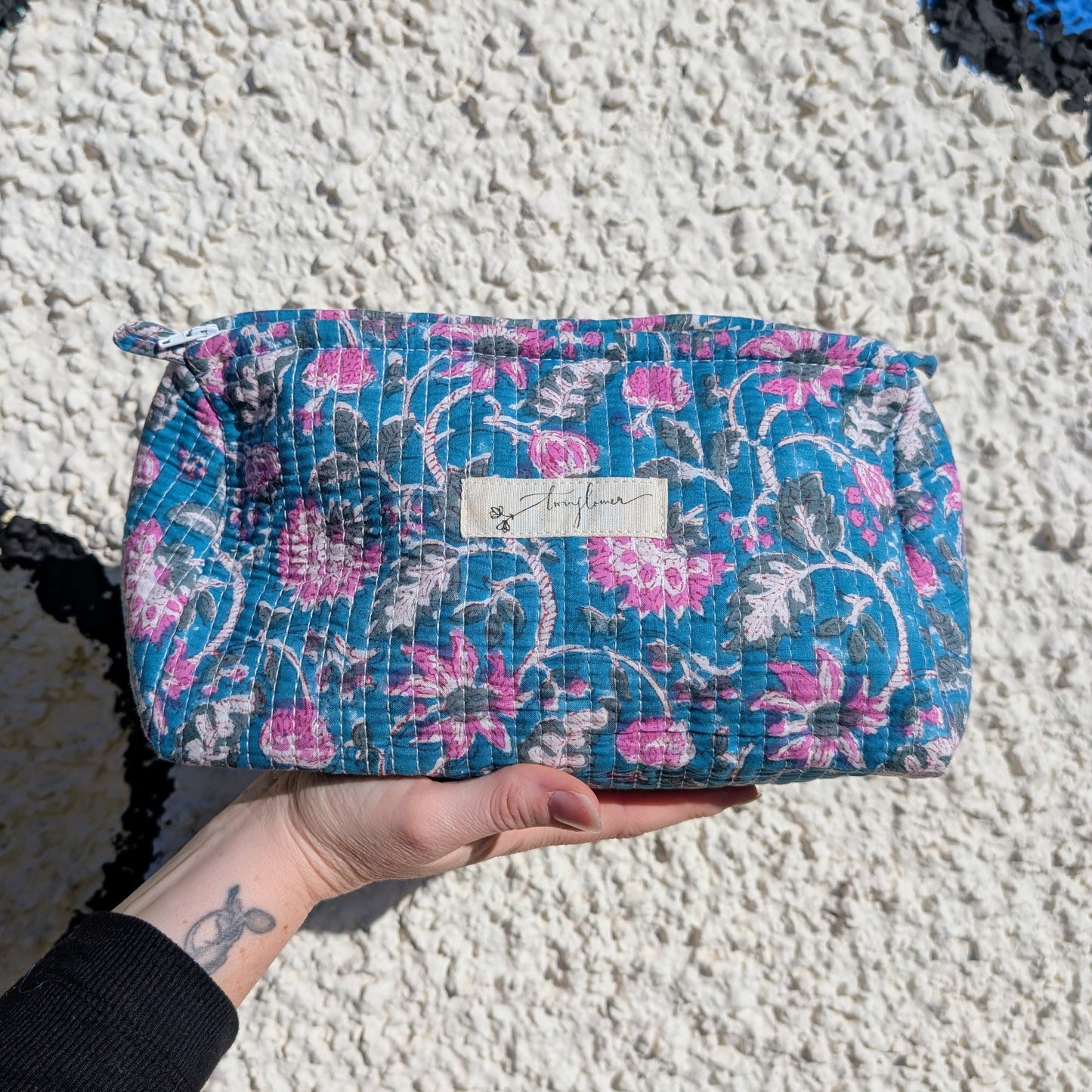 Teal & Pink Flower Block Print Quilted Large Washbag