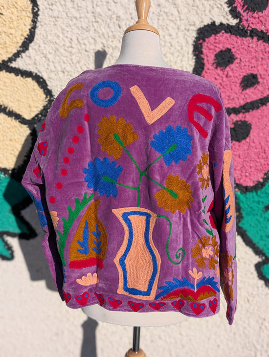 LOVE Lilac Velvet Suzani Kimono Embroidered Boho Jacket
