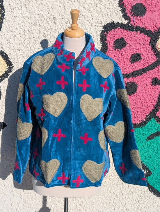 Blue Velvet Suzani Kimono Embroidered Heart Boho Jacket