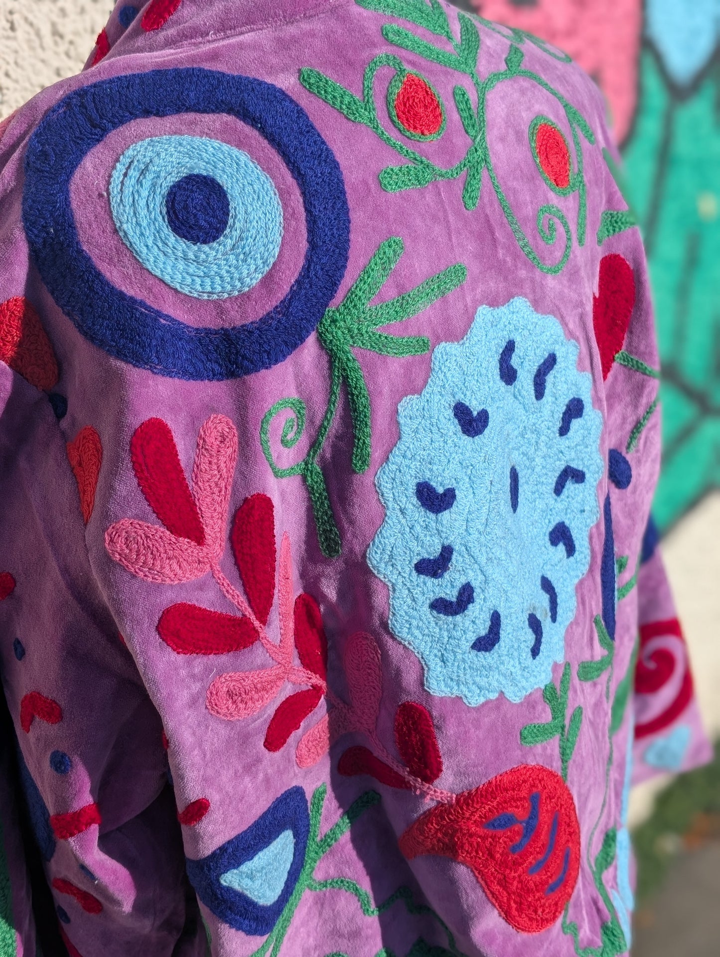 Purple Velvet Suzani Collared Embroidered Boho Jacket