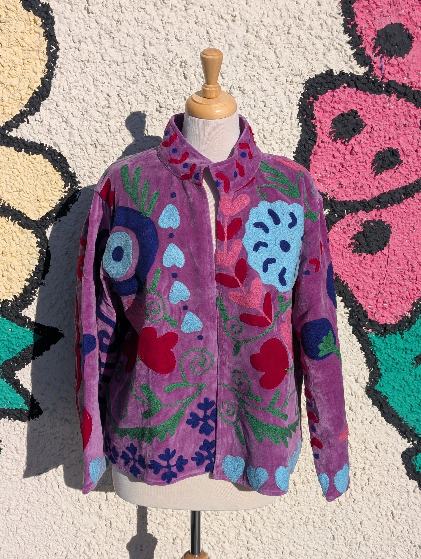 Purple Velvet Suzani Collared Embroidered Boho Jacket