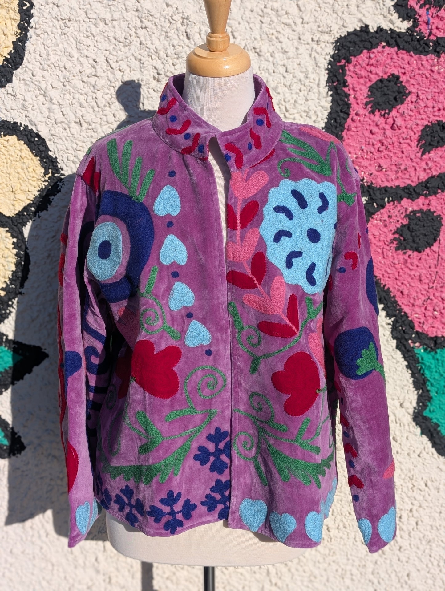 Purple Velvet Suzani Collared Embroidered Boho Jacket