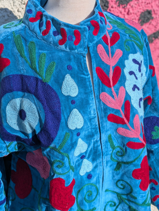 Blue Velvet Suzani Collared Embroidered Boho Jacket