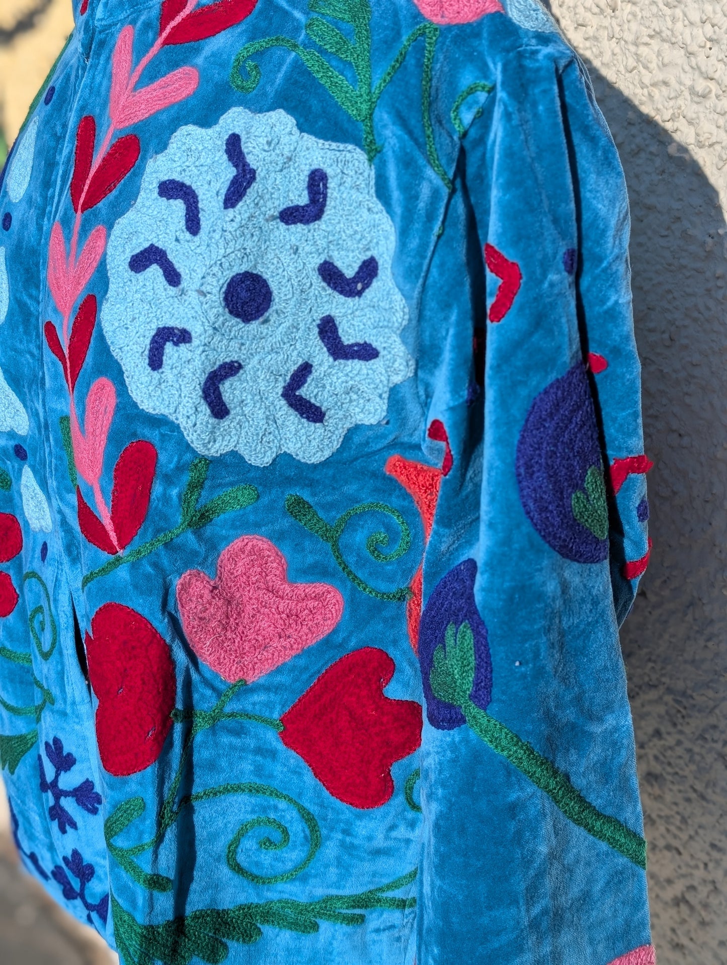 Blue Velvet Suzani Collared Embroidered Boho Jacket