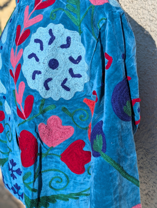 Blue Velvet Suzani Collared Embroidered Boho Jacket