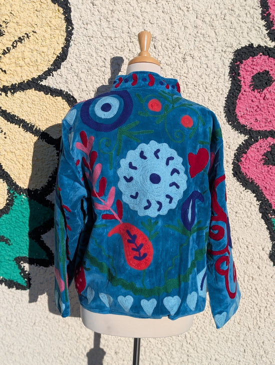 Blue Velvet Suzani Collared Embroidered Boho Jacket