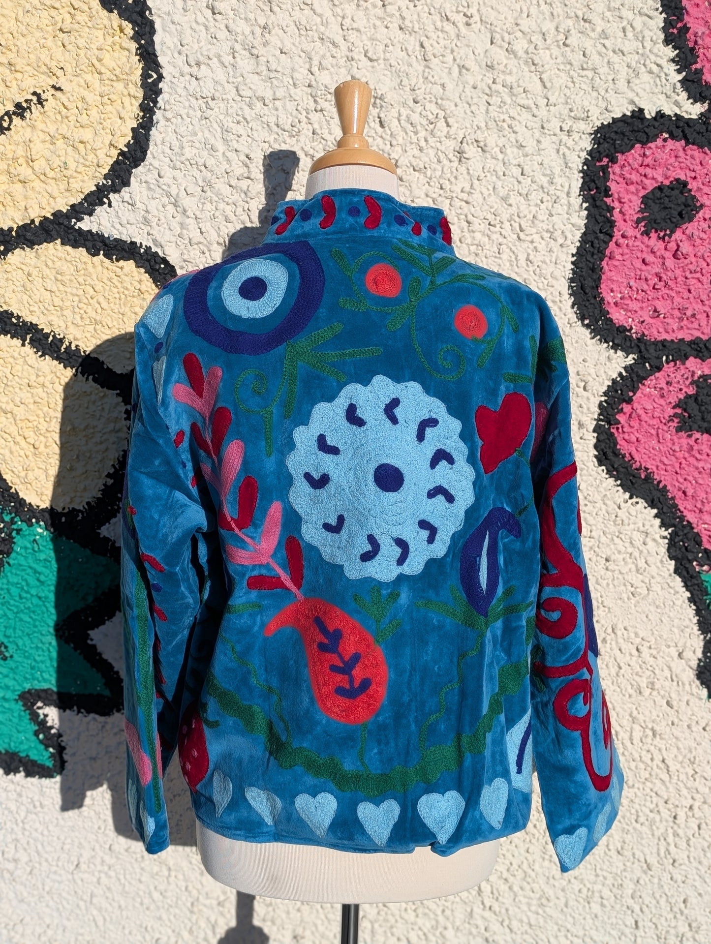 Blue Velvet Suzani Collared Embroidered Boho Jacket